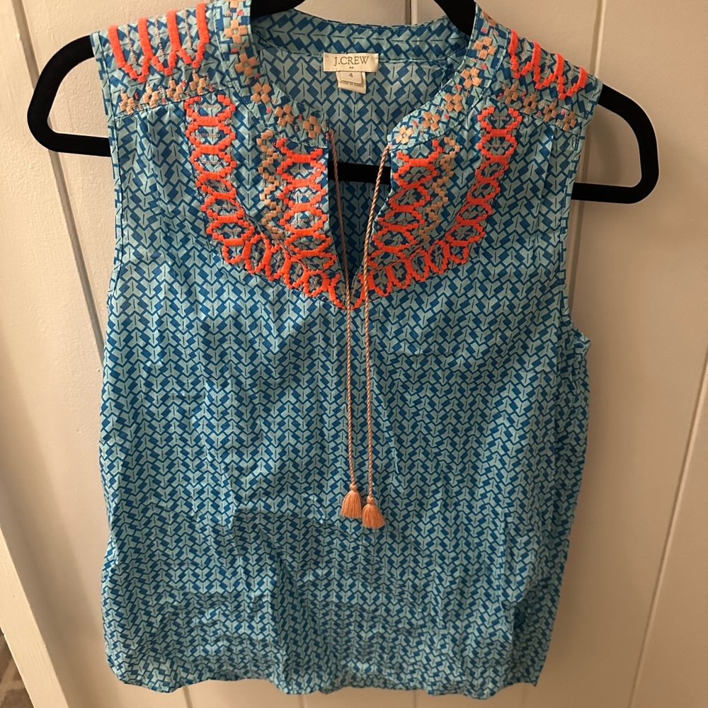 J Crew Sleeveless Blue and Multicolored Blouse, size 4
